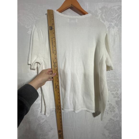 Vintage Sweater 2X Cream Purple Floral Embroidered Beaded 3D Knit Short Sleeve - Picture 10 of 10